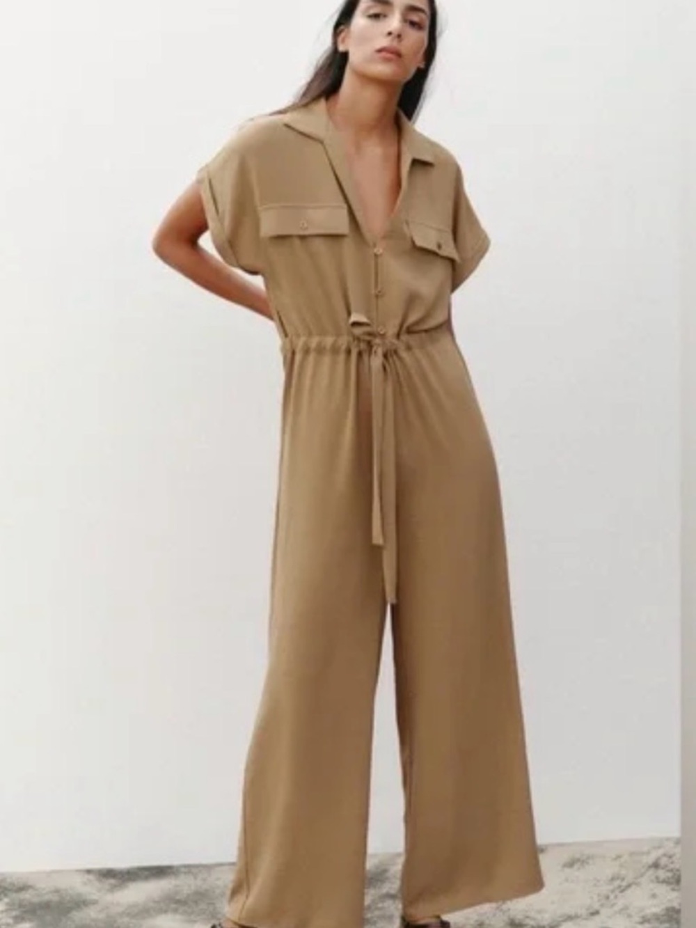 Zara Tan Utility-Inspired Wide-Leg Jumpsuit